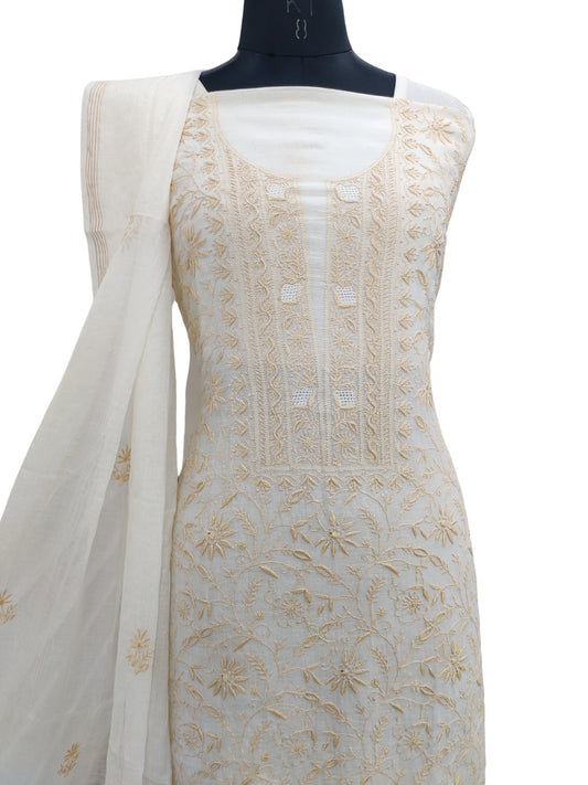 Shyamal Chikan Hand Embroidered White Mul Chanderi Lucknowi Chikankari Unstitched Suit Piece (Kurta Dupatta Set) - 23709