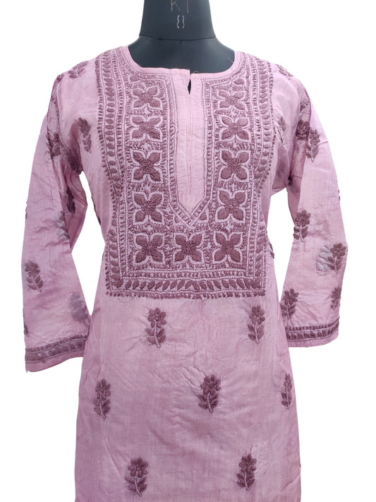 Shyamal Chikan Hand Embroidered Purple Pure Tusser Silk Lucknowi Chikankari Kurti- S24411