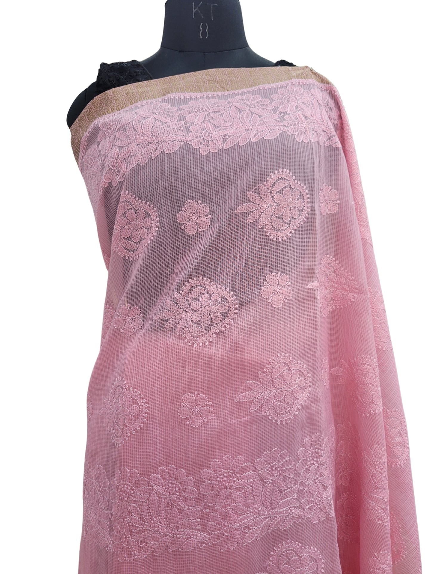 Shyamal Chikan Hand Embroidered Pink Tissue Lenin Lucknowi Chikankari Saree With Blouse Piece - S24353