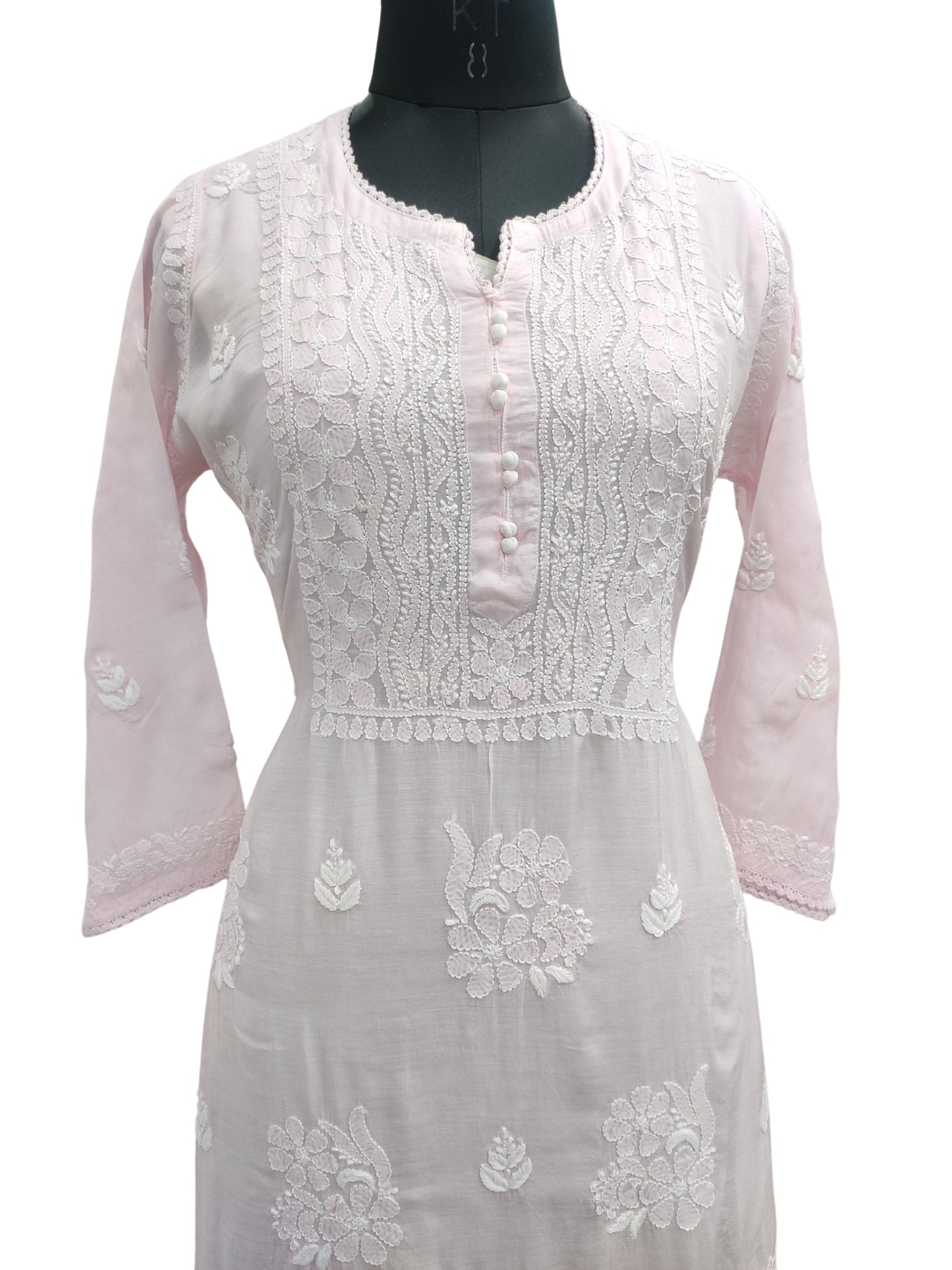 Shyamal Chikan Hand Embroidered Pink Muslin Lucknowi Chikankari Kurti - S25472