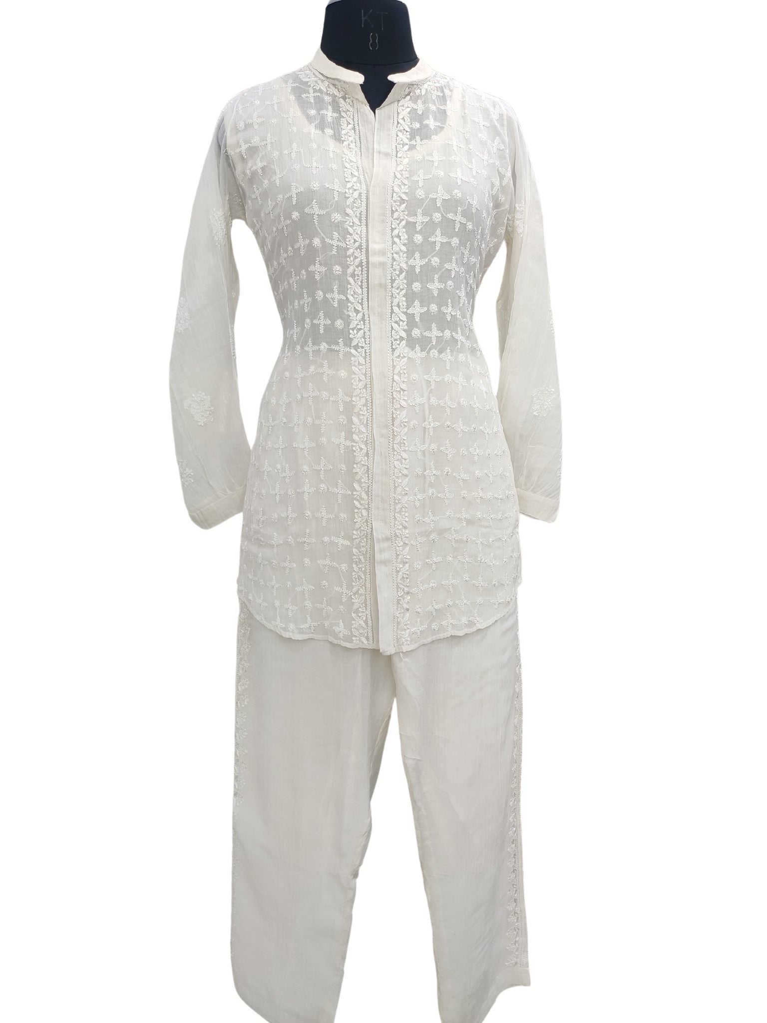 Shyamal Chikan Hand Embroidered White Mul Chanderi Lucknowi Chikankari Shirt and Pant Set - 23943