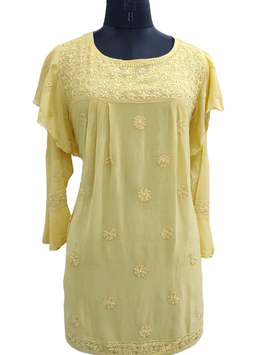 Shyamal Chikan Hand Embroidered Greenish Yellow Viscose Georgette Lucknowi Chikankari Short Top S23267