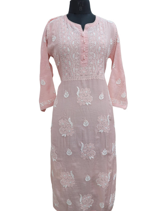 Shyamal Chikan Hand Embroidered Peach Muslin Lucknowi Chikankari Kurti - S24071