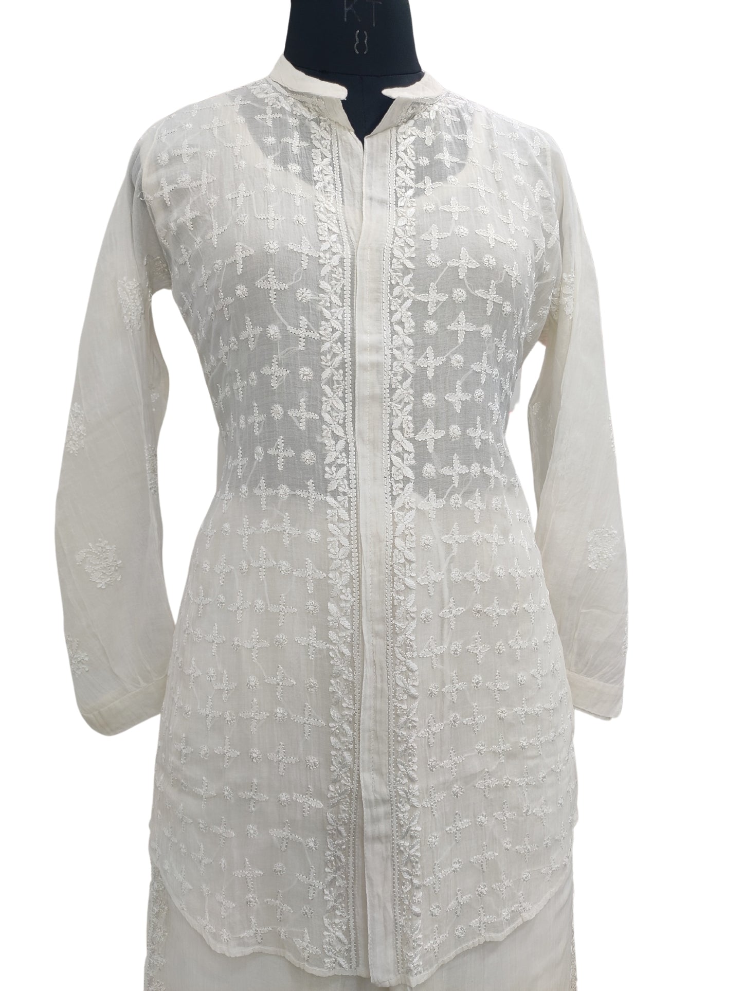 Shyamal Chikan Hand Embroidered White Mul Chanderi Lucknowi Chikankari Shirt and Pant Set - 23943