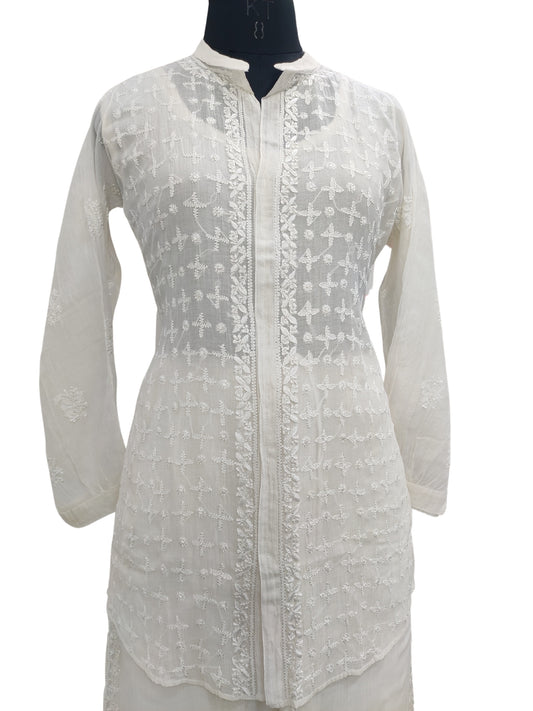 Shyamal Chikan Hand Embroidered White Mul Chanderi Lucknowi Chikankari Shirt and Pant Set - S23943