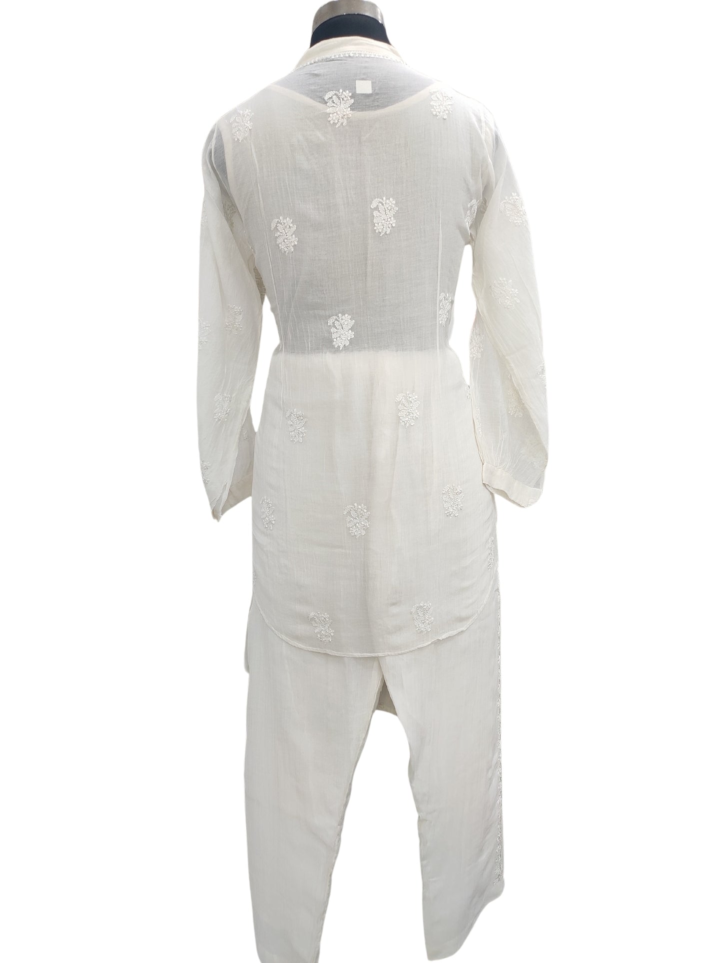 Shyamal Chikan Hand Embroidered White Mul Chanderi Lucknowi Chikankari Shirt and Pant Set - 23943