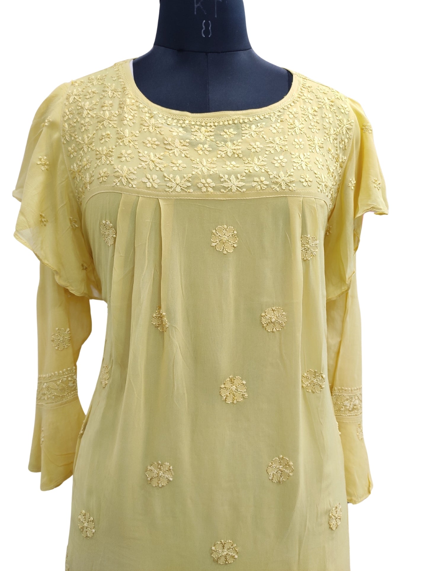 Shyamal Chikan Hand Embroidered Greenish Yellow Viscose Georgette Lucknowi Chikankari Short Top S23267