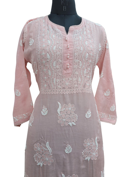 Shyamal Chikan Hand Embroidered Peach Muslin Lucknowi Chikankari Kurti - S24071