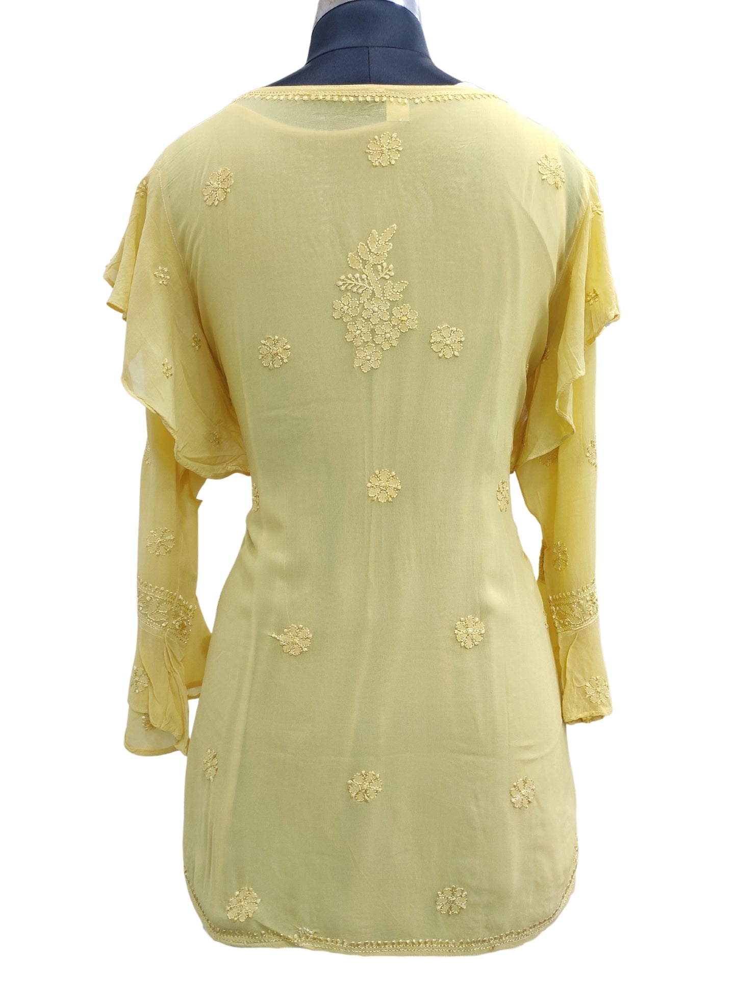 Shyamal Chikan Hand Embroidered Greenish Yellow Viscose Georgette Lucknowi Chikankari Short Top S23267