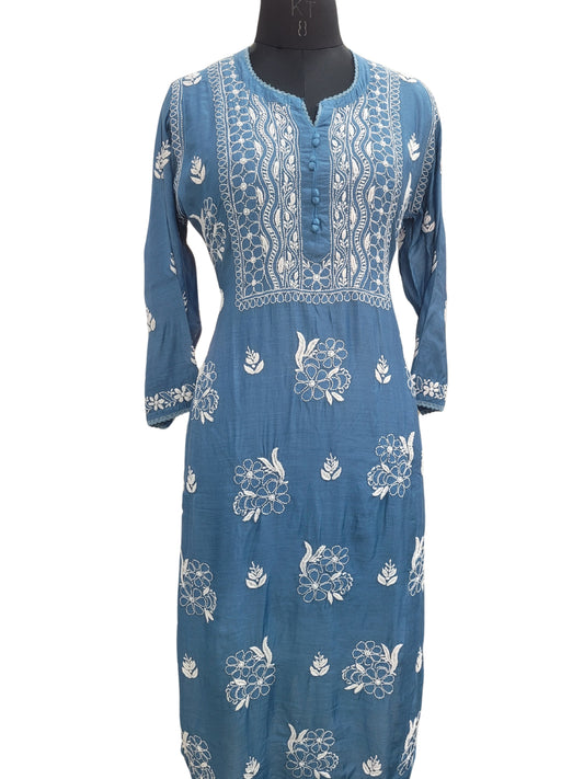 Shyamal Chikan Hand Embroidered Blue Muslin Lucknowi Chikankari Kurti - S24273