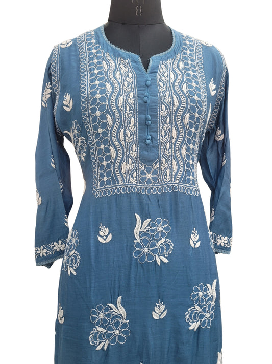 Shyamal Chikan Hand Embroidered Blue Muslin Lucknowi Chikankari Kurti - S24273