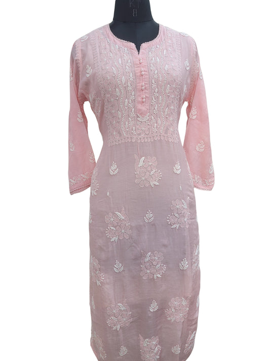 Shyamal Chikan Hand Embroidered Peach Muslin Lucknowi Chikankari Kurti - S24268