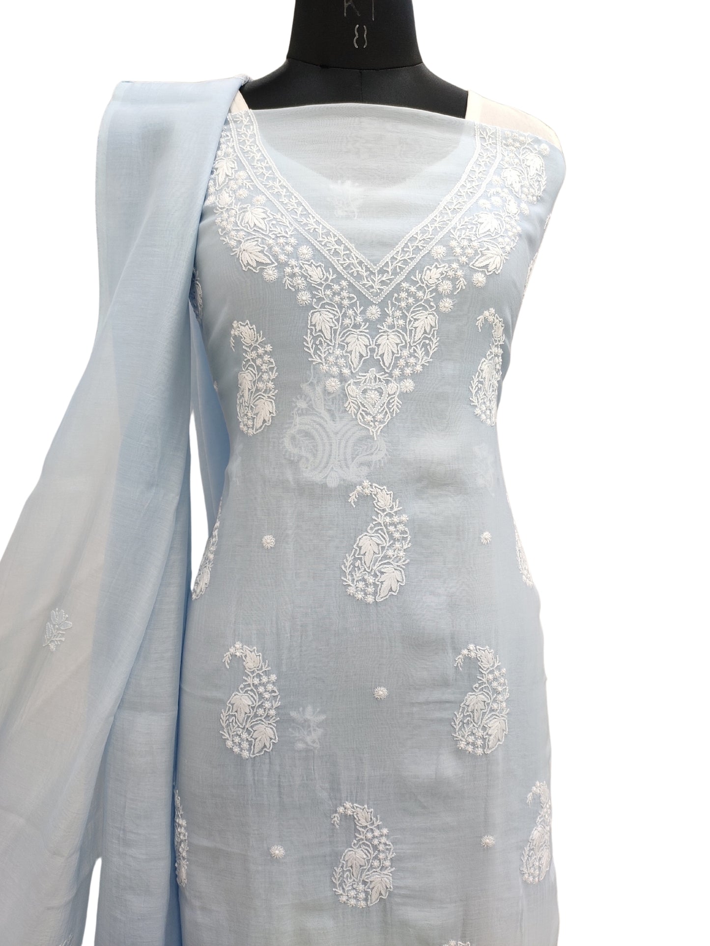 Shyamal Chikan Hand Embroidered Blue Mul Chanderi Lucknowi Chikankari Unstitched Suit Piece (Kurta Dupatta Set) - S22860