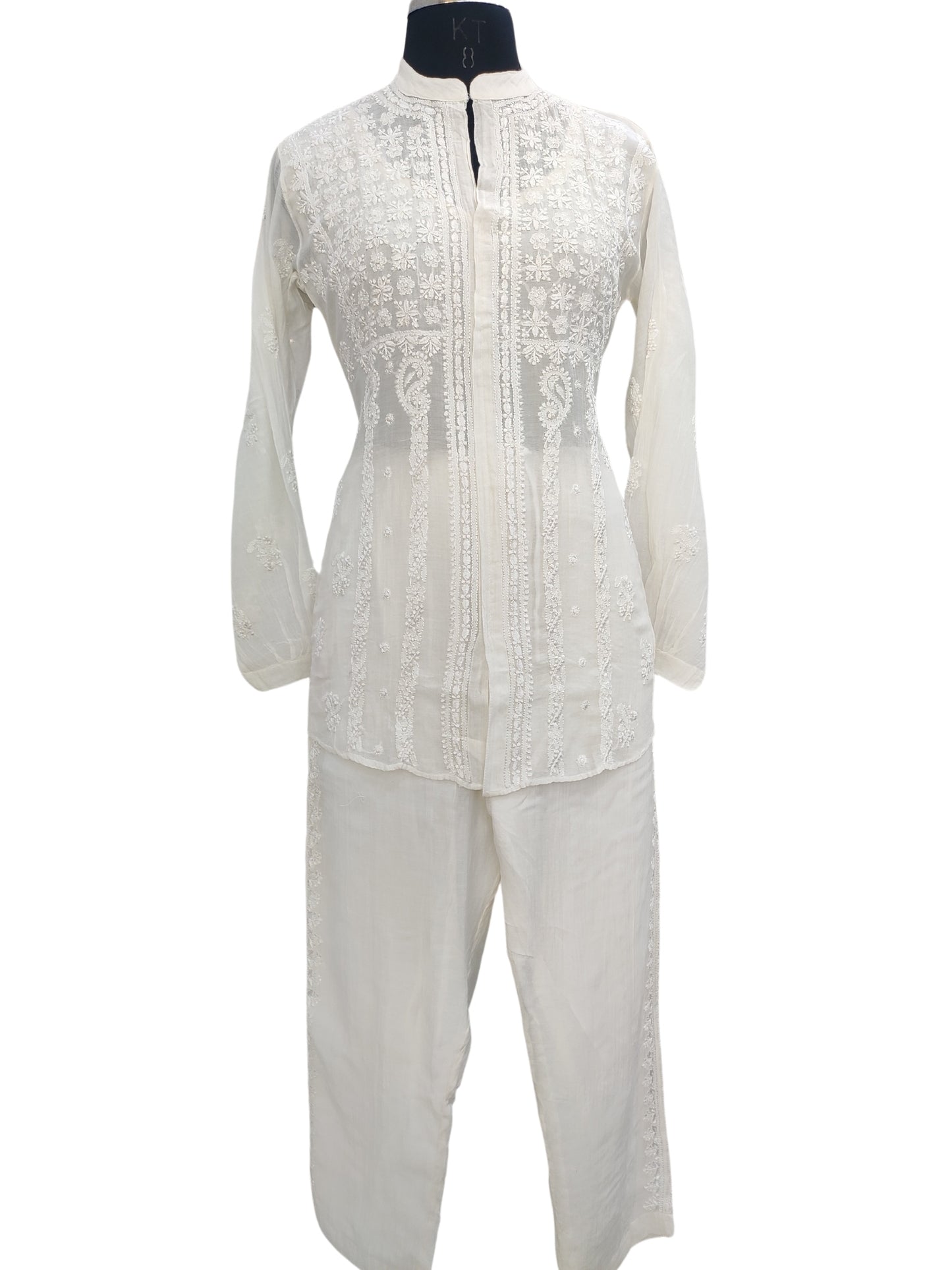 Shyamal Chikan Hand Embroidered White Mul Chanderi Lucknowi Chikankari Shirt and Pant Set - 23946