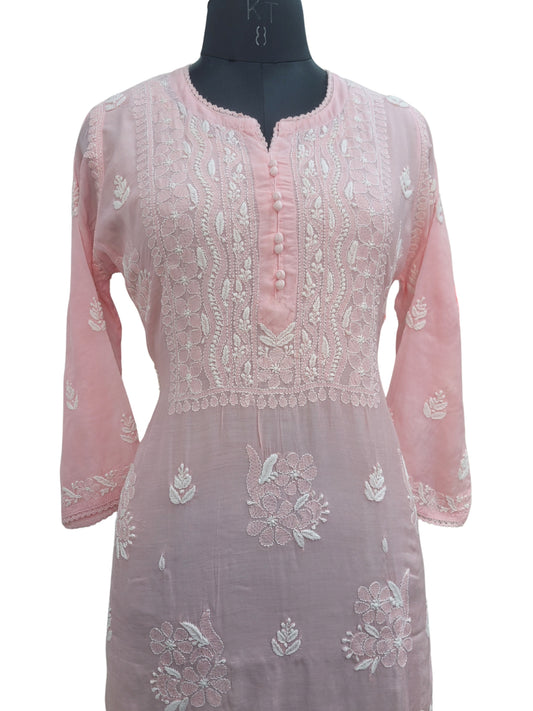 Shyamal Chikan Hand Embroidered Peach Muslin Lucknowi Chikankari Kurti - S24268