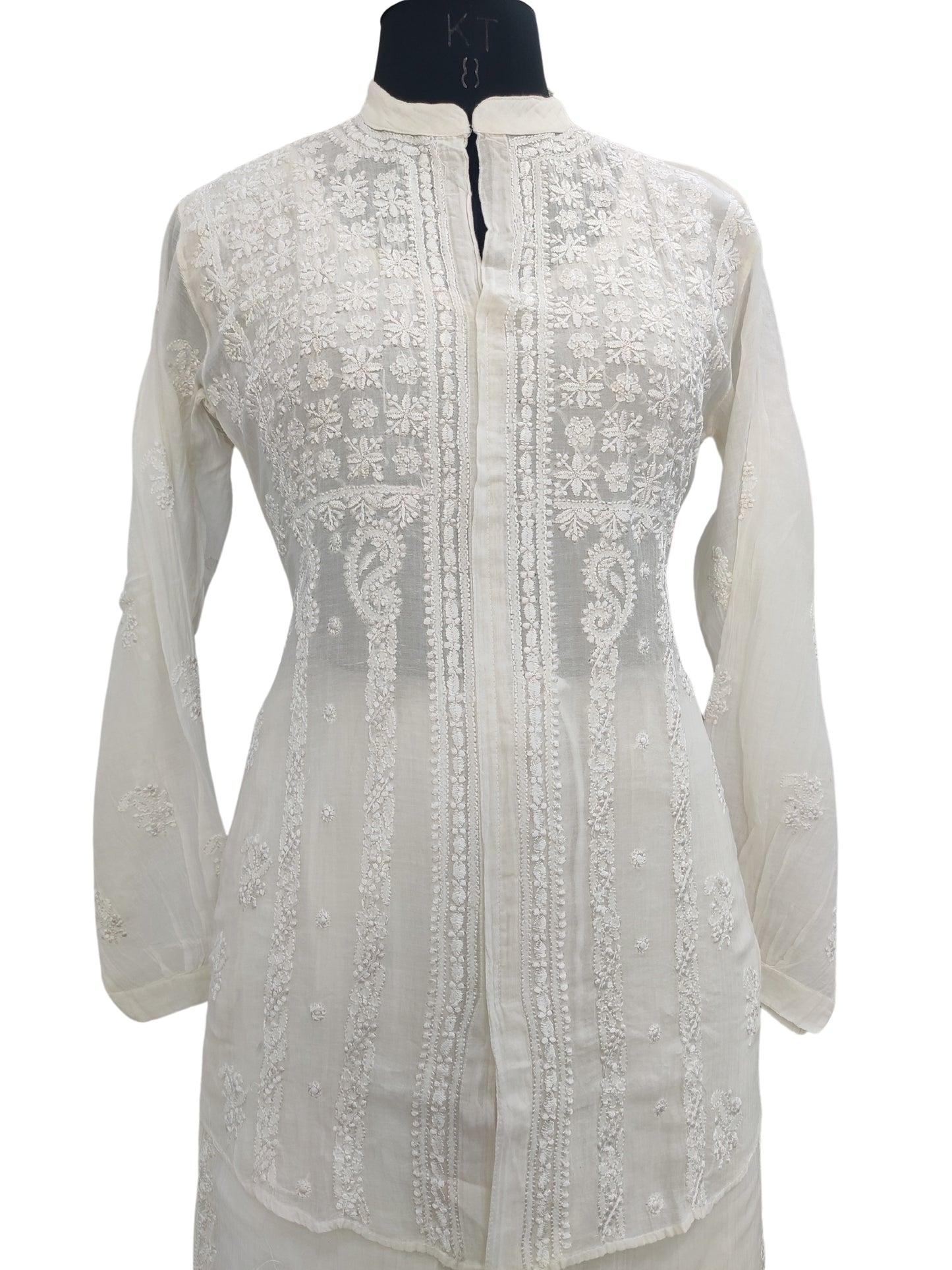 Shyamal Chikan Hand Embroidered White Mul Chanderi Lucknowi Chikankari Shirt and Pant Set - S23946