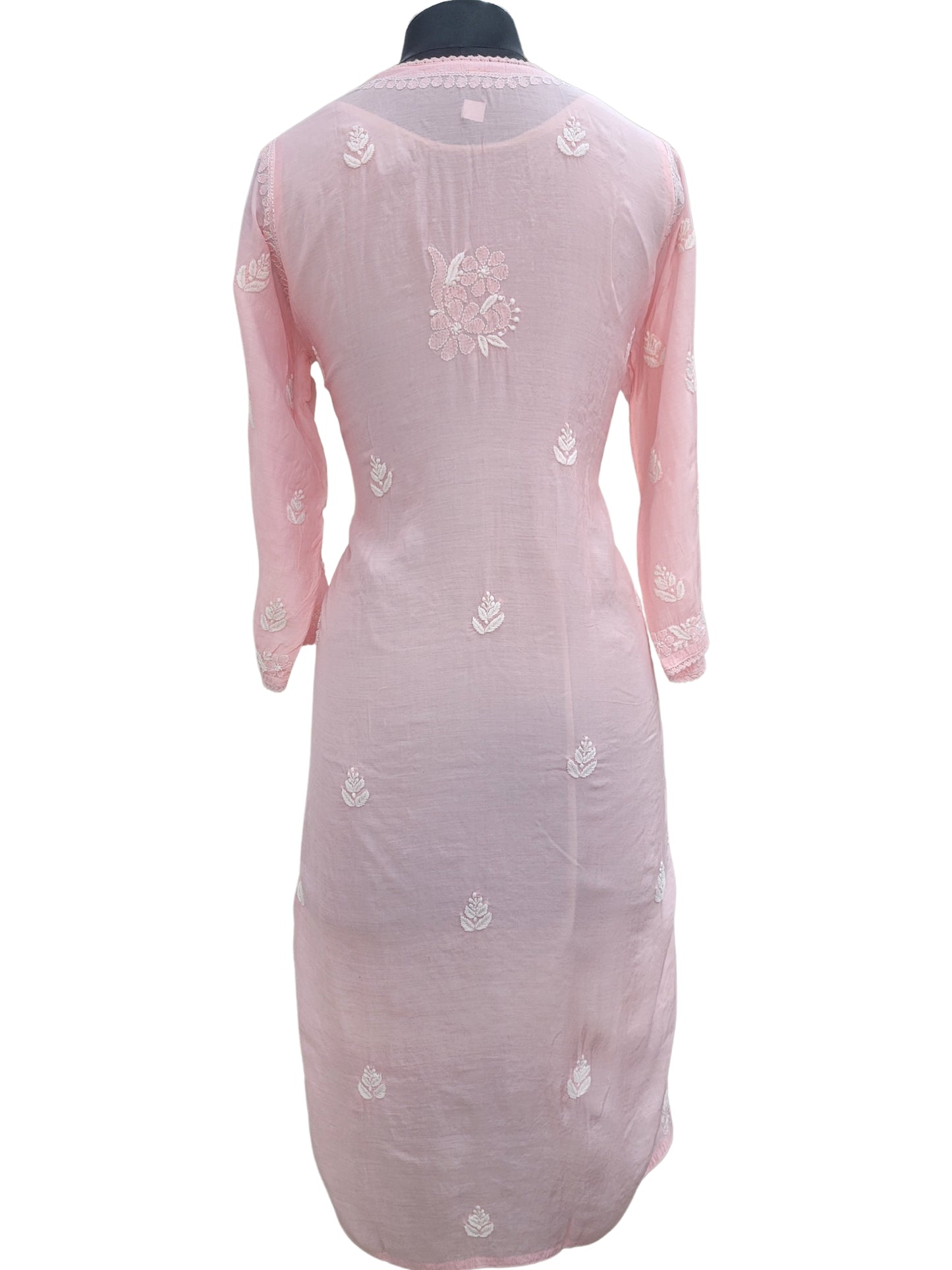 Shyamal Chikan Hand Embroidered Peach Muslin Lucknowi Chikankari Kurti - S24268