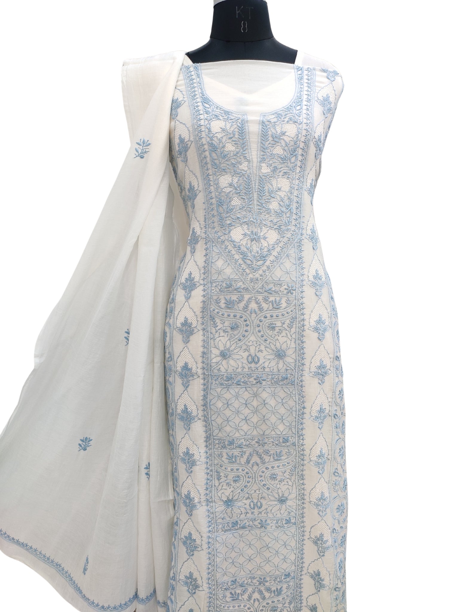 Shyamal Chikan Hand Embroidered White Mul Chanderi Lucknowi Chikankari Unstitched Suit Piece (Kurta Dupatta Set) - S24332