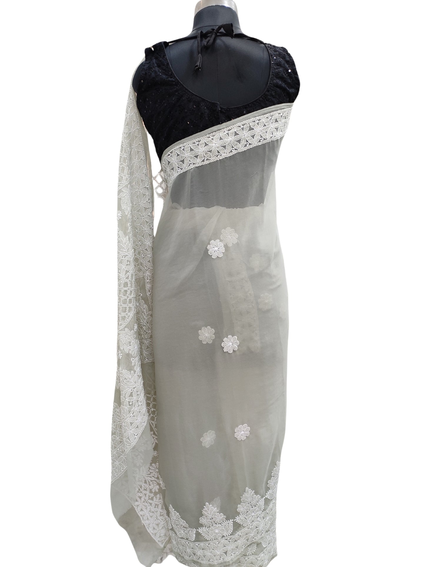 Shyamal Chikan Hand Embroidered Grey Georgette Lucknowi Chikankari Skirt Saree With Blouse Piece - S21930