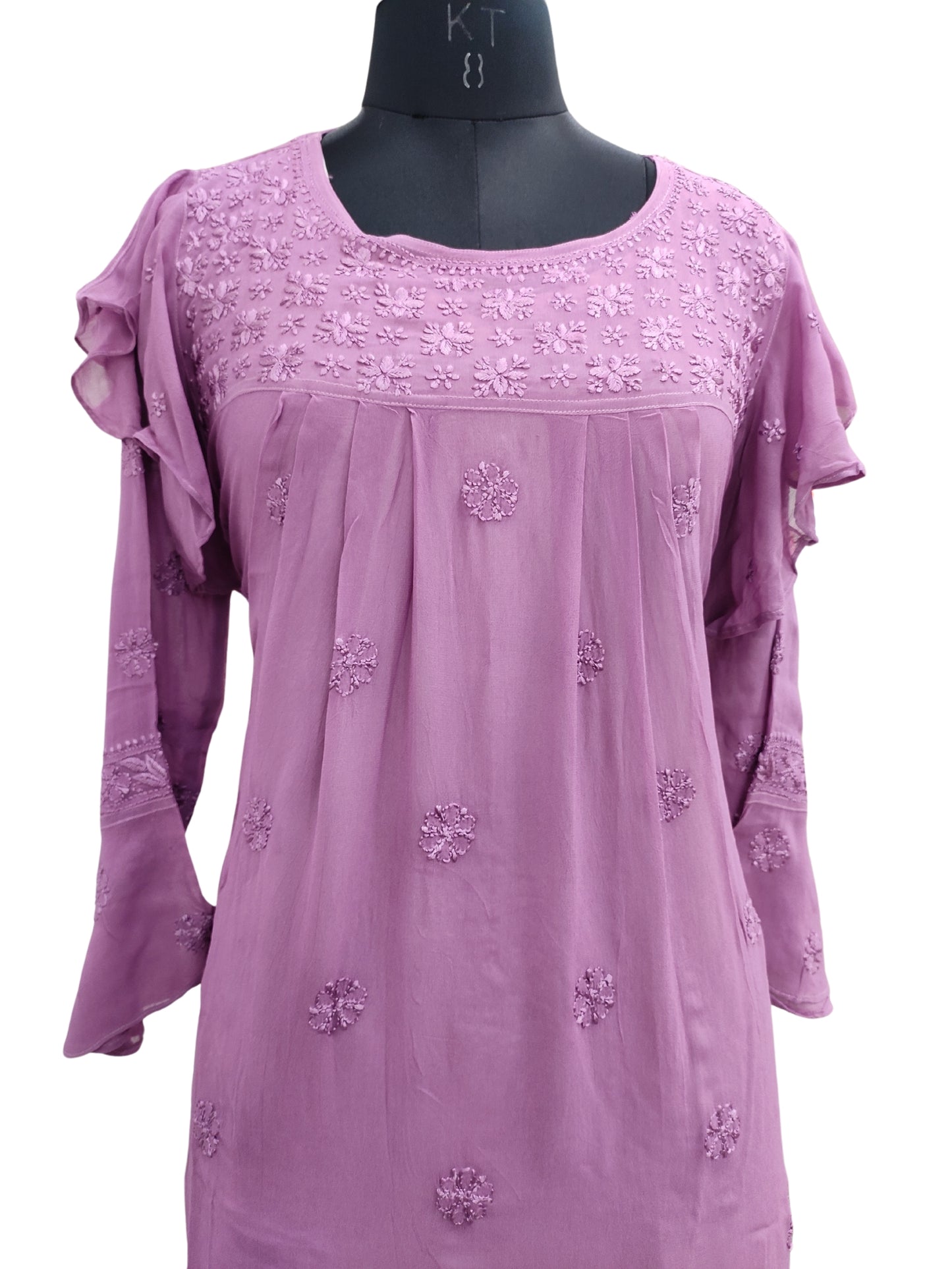 Shyamal Chikan Hand Embroidered Purple Viscose Georgette Lucknowi Chikankari Short Top S23270