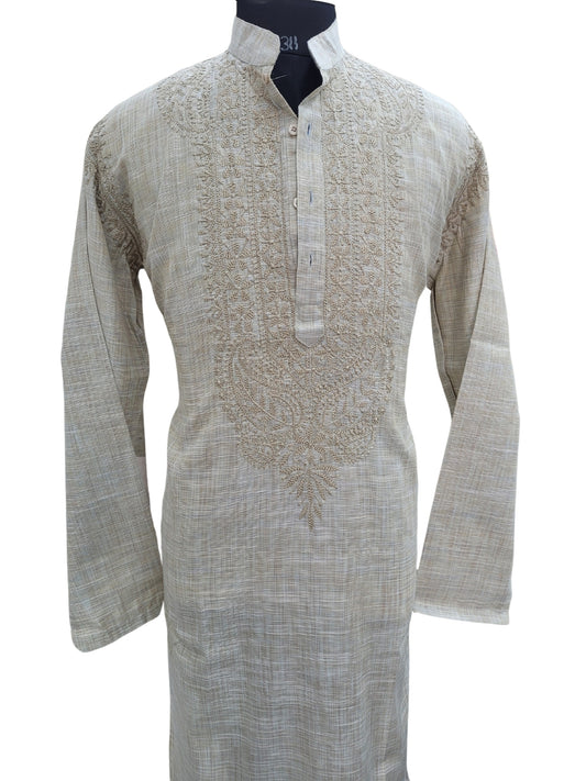 Shyamal Chikan Hand Embroidered Beige Cotton Lucknowi Chikankari Men's Kurta - S25176