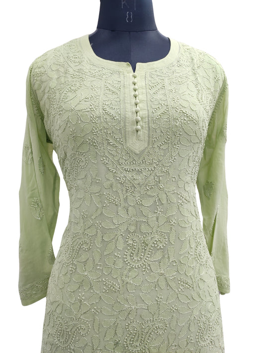 Shyamal Chikan Hand Embroidered Green Viscose Georgette Lucknowi Chikankari Short Top 23574