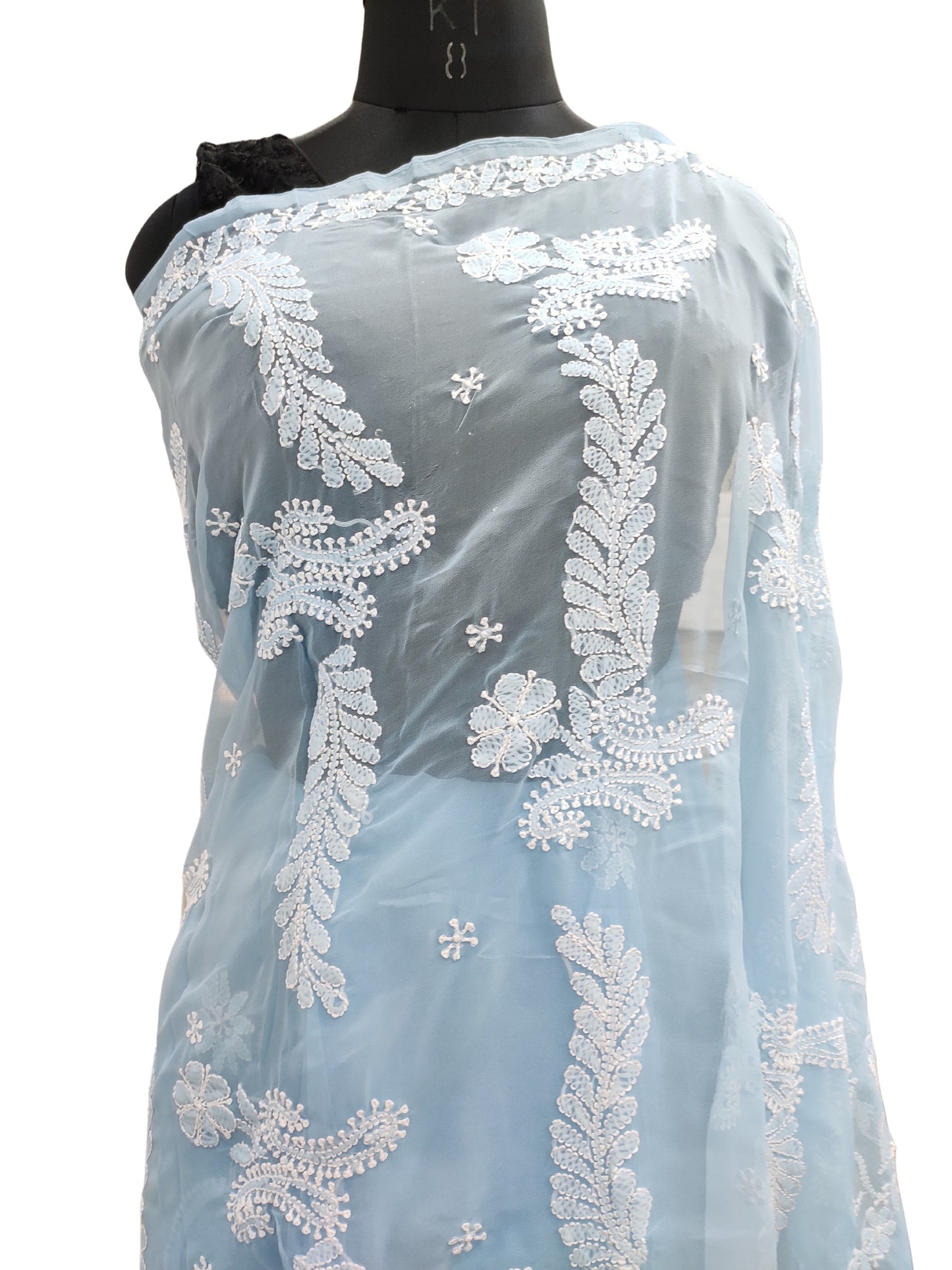 Shyamal Chikan Hand Embroidered Blue Georgette Lucknowi Chikankari Saree With Blouse Piece - S20253