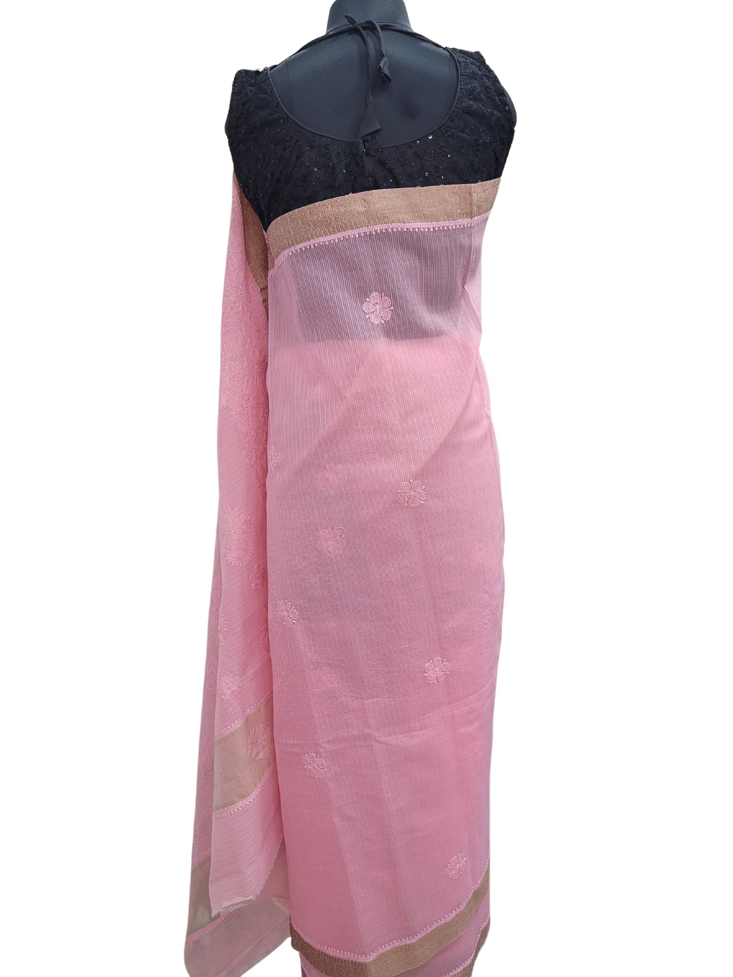 Shyamal Chikan Hand Embroidered Pink Tissue Lenin Lucknowi Chikankari Saree With Blouse Piece - S24353