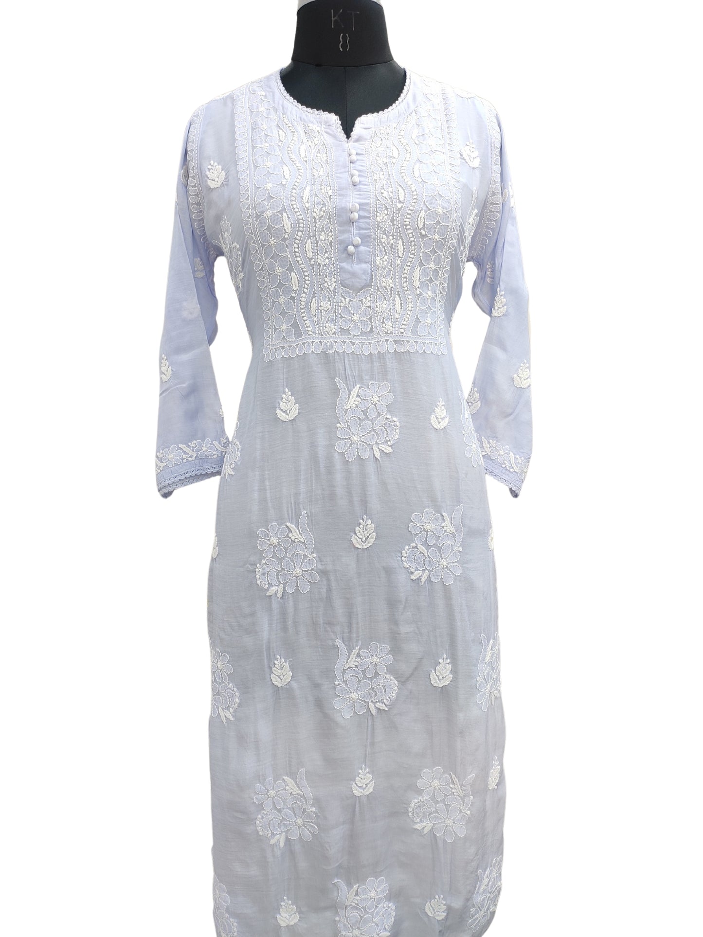 Shyamal Chikan Hand Embroidered Blue Muslin Lucknowi Chikankari Kurti - S24269