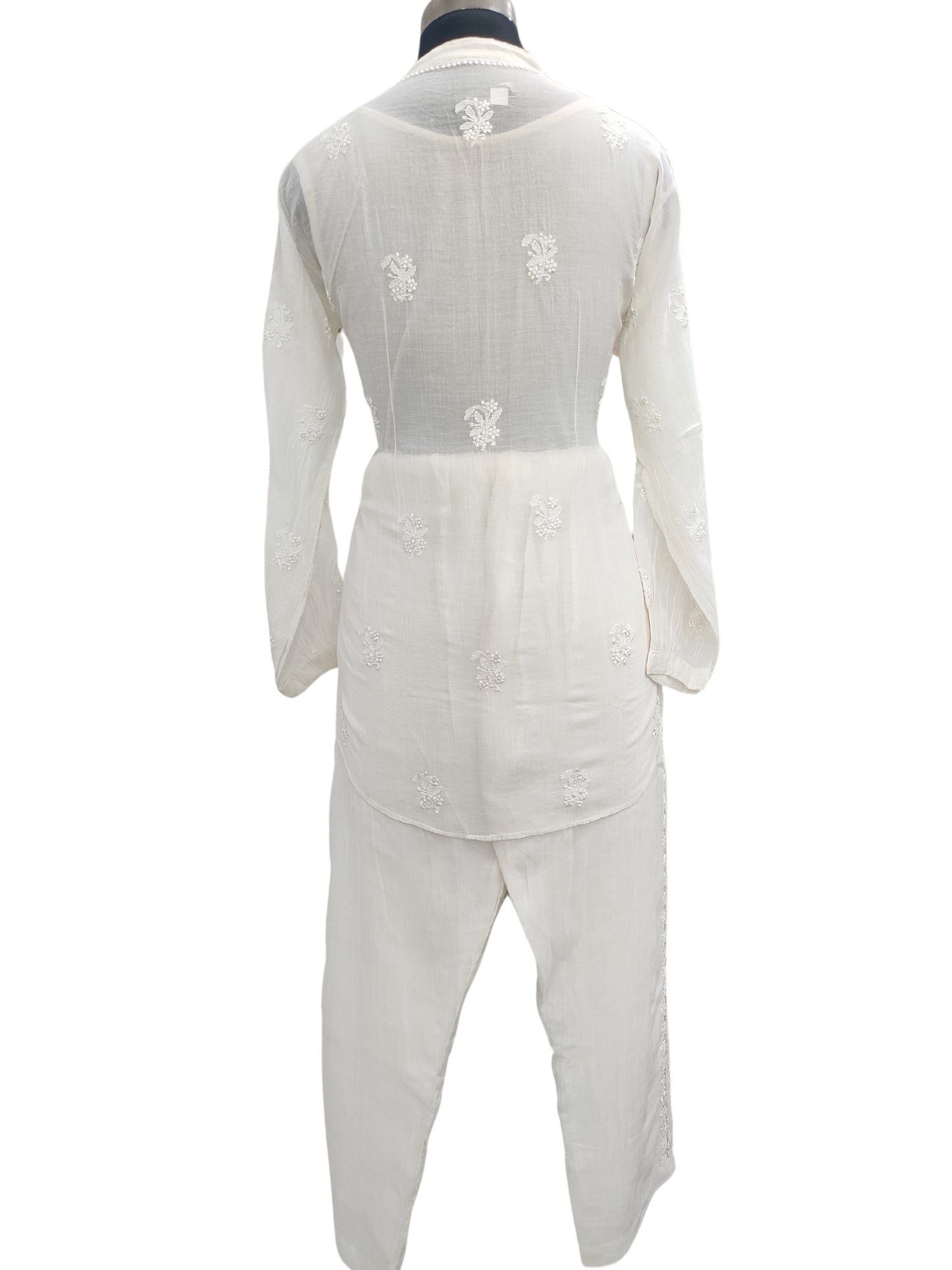 Shyamal Chikan Hand Embroidered White Mul Chanderi Lucknowi Chikankari Shirt and Pant Set - S23946