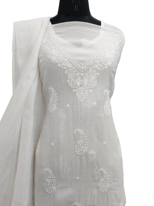 Shyamal Chikan Hand Embroidered White Mul Chanderi Lucknowi Chikankari Unstitched Suit Piece (Kurta Dupatta Set) - S22856