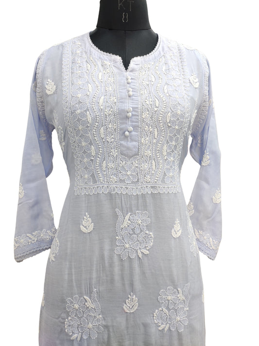 Shyamal Chikan Hand Embroidered Blue Muslin Lucknowi Chikankari Kurti - S24269