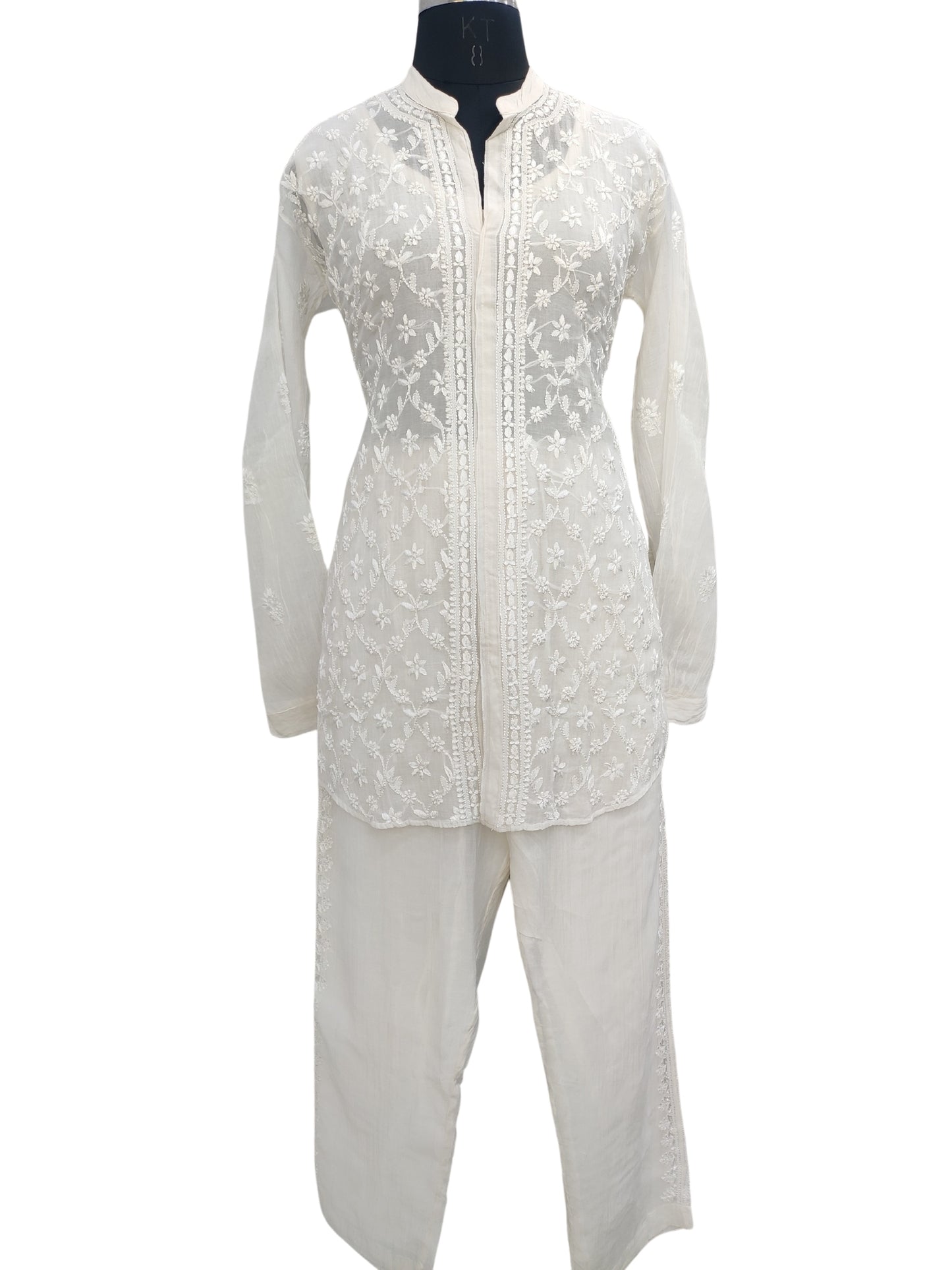 Shyamal Chikan Hand Embroidered White Mul Chanderi Lucknowi Chikankari Shirt and Pant Set - 23945