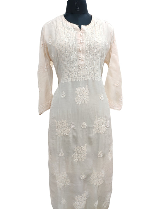 Shyamal Chikan Hand Embroidered Peach Muslin Lucknowi Chikankari Kurti - S24271