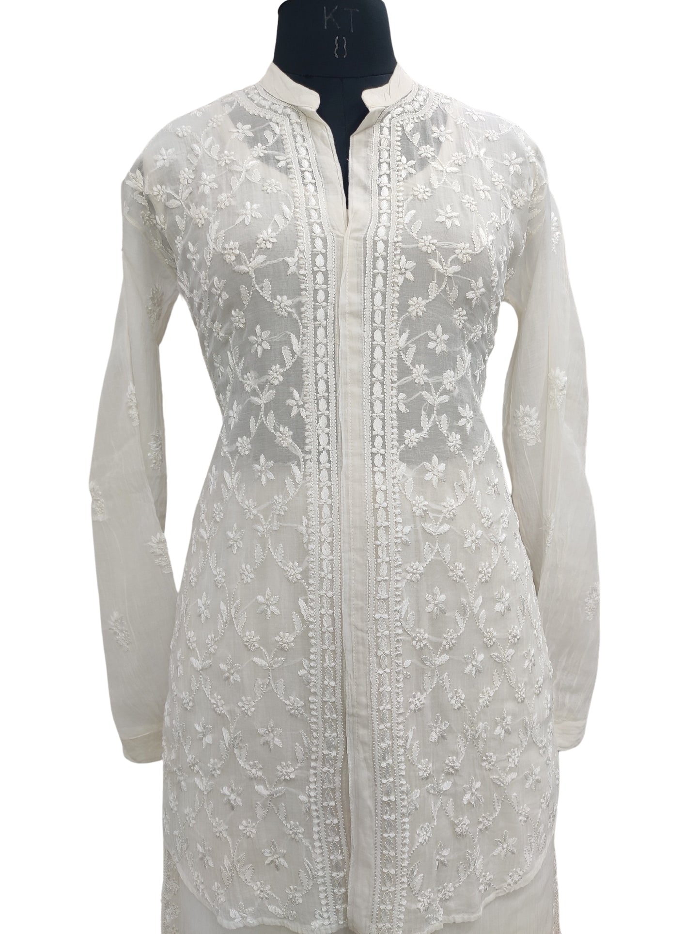 Shyamal Chikan Hand Embroidered White Mul Chanderi Lucknowi Chikankari Shirt and Pant Set - 23945