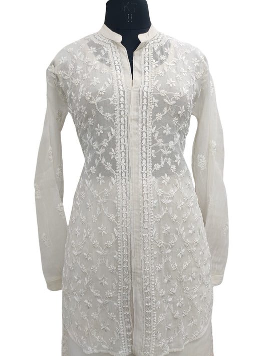 Shyamal Chikan Hand Embroidered White Mul Chanderi Lucknowi Chikankari Shirt and Pant Set - S23945