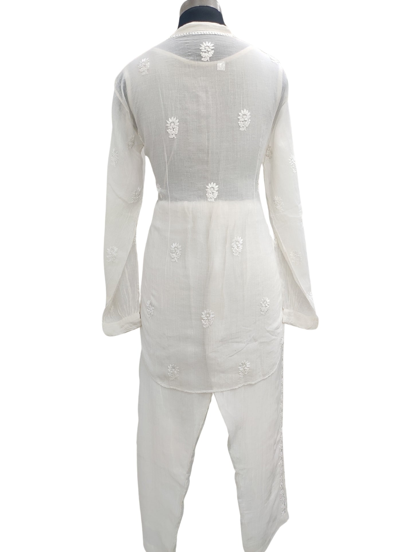 Shyamal Chikan Hand Embroidered White Mul Chanderi Lucknowi Chikankari Shirt and Pant Set - 23945