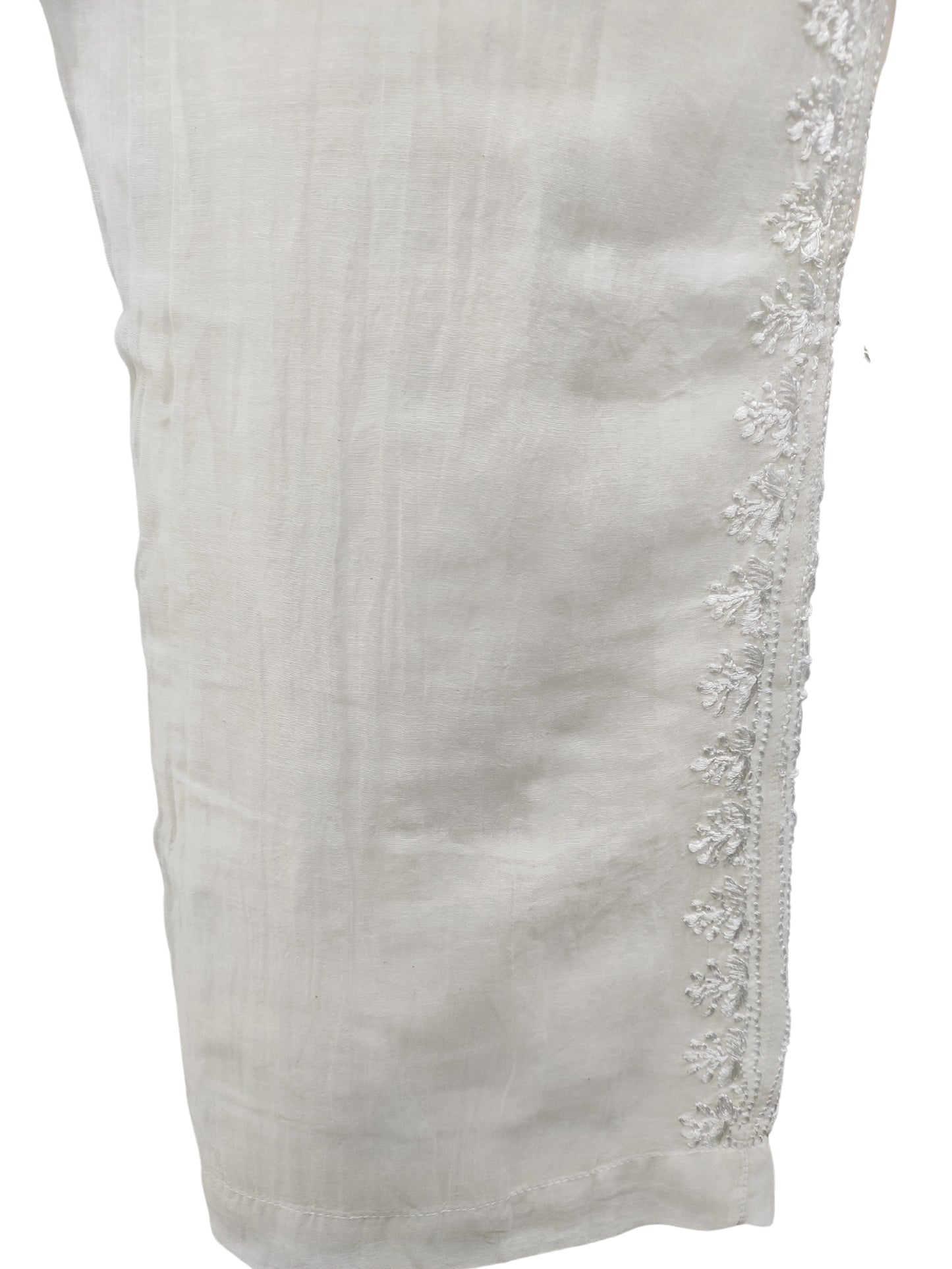 Shyamal Chikan Hand Embroidered White Mul Chanderi Lucknowi Chikankari Shirt and Pant Set - 23945