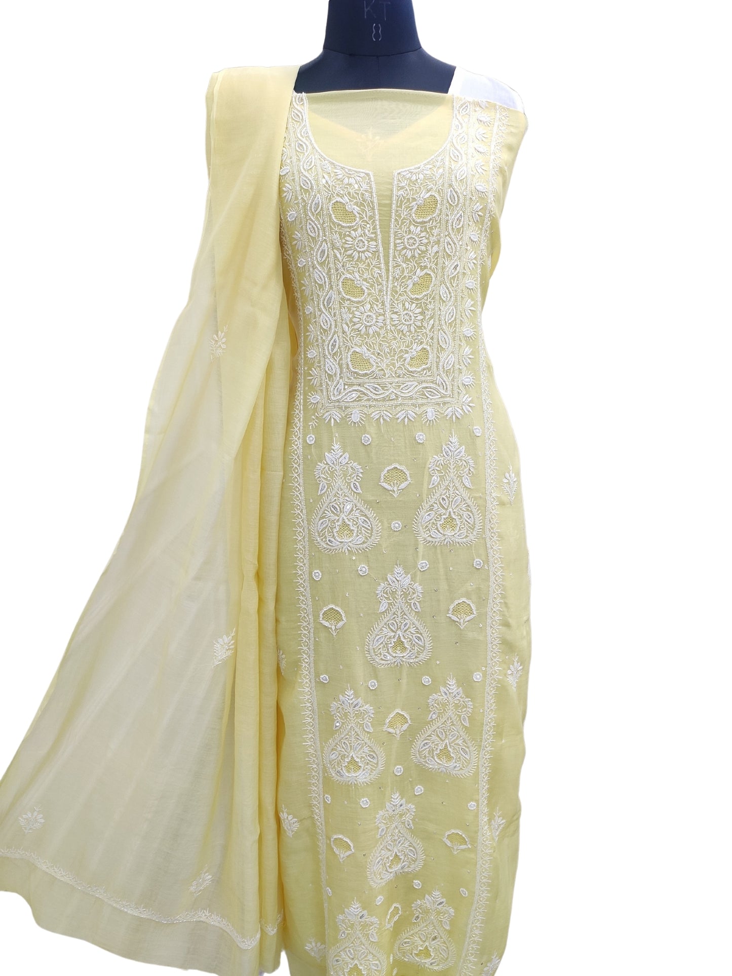 Shyamal Chikan Hand Embroidered Yellow Mul Chanderi Lucknowi Chikankari Unstitched Suit Piece with Cutdana & Sequin Work (Kurta Dupatta Set)S22977