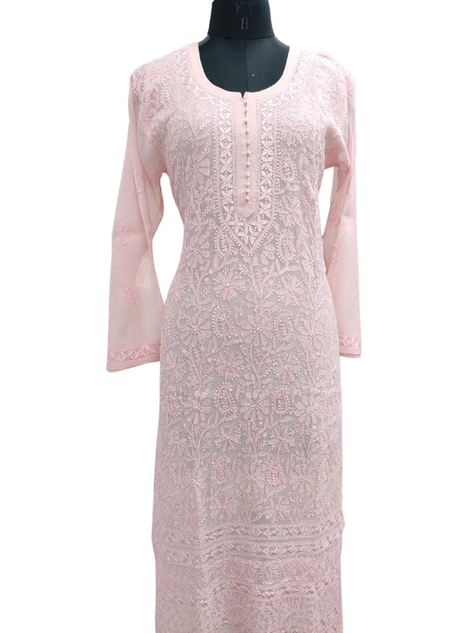 Shyamal Chikan Hand Embroidered Peach Mul Chanderi Lucknowi Chikankari Kurti - S24705