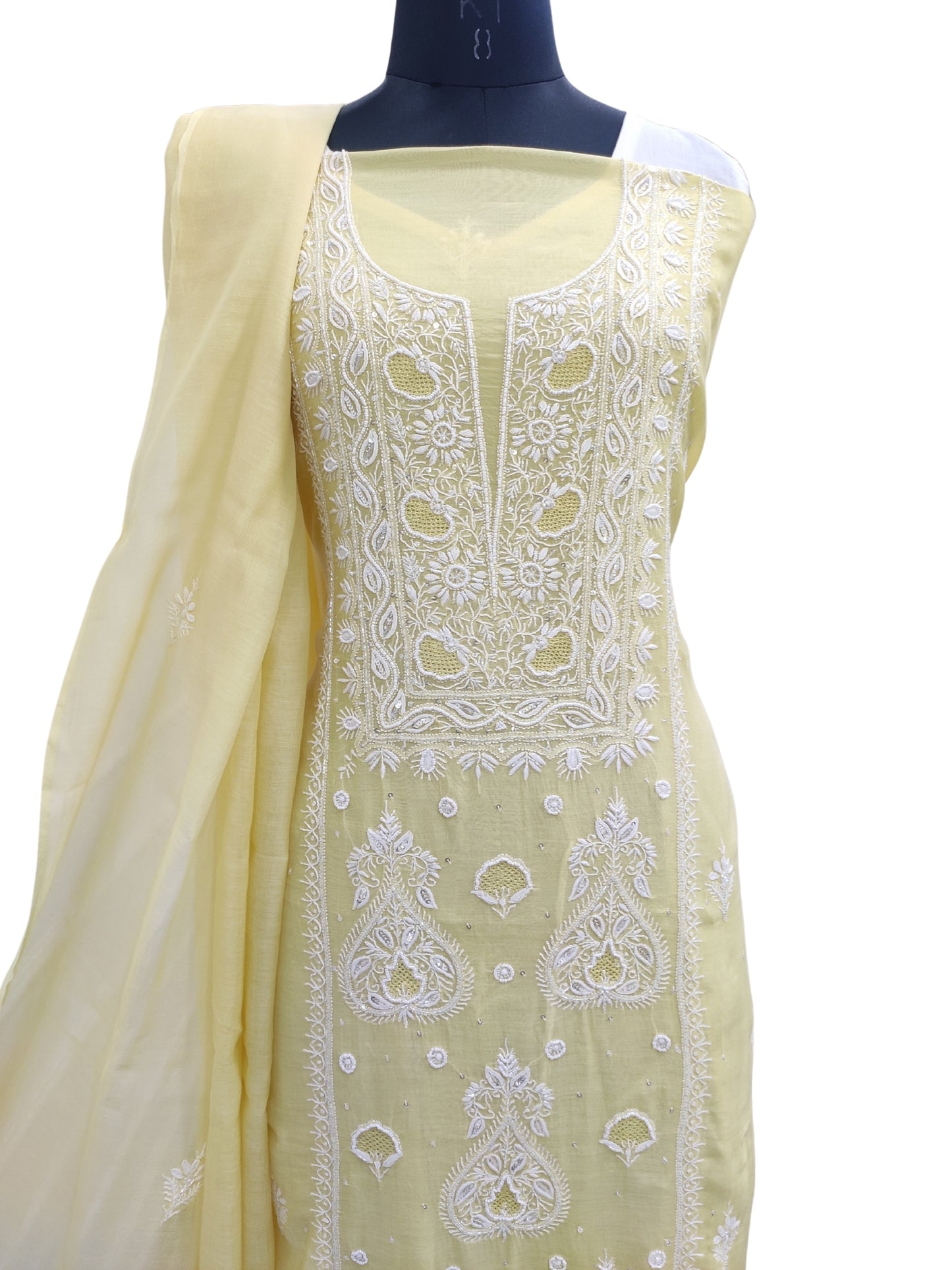 Shyamal Chikan Hand Embroidered Yellow Mul Chanderi Lucknowi Chikankari Unstitched Suit Piece with Cutdana & Sequin Work (Kurta Dupatta Set)S22977