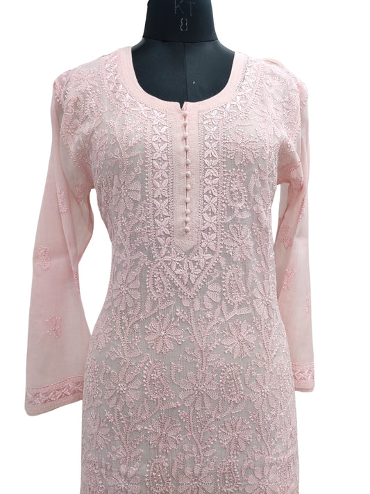 Shyamal Chikan Hand Embroidered Peach Mul Chanderi Lucknowi Chikankari Kurti - S24705