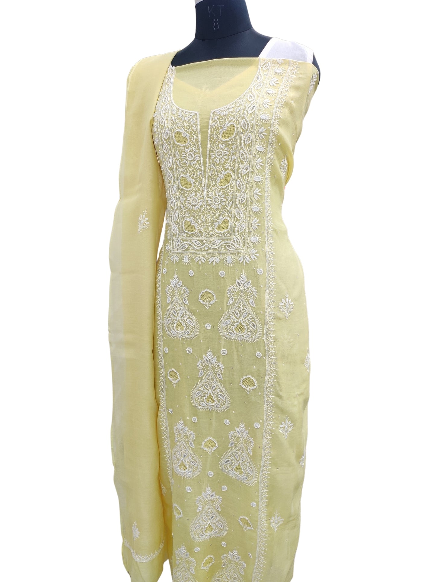 Shyamal Chikan Hand Embroidered Yellow Mul Chanderi Lucknowi Chikankari Unstitched Suit Piece with Cutdana & Sequin Work (Kurta Dupatta Set)S22977