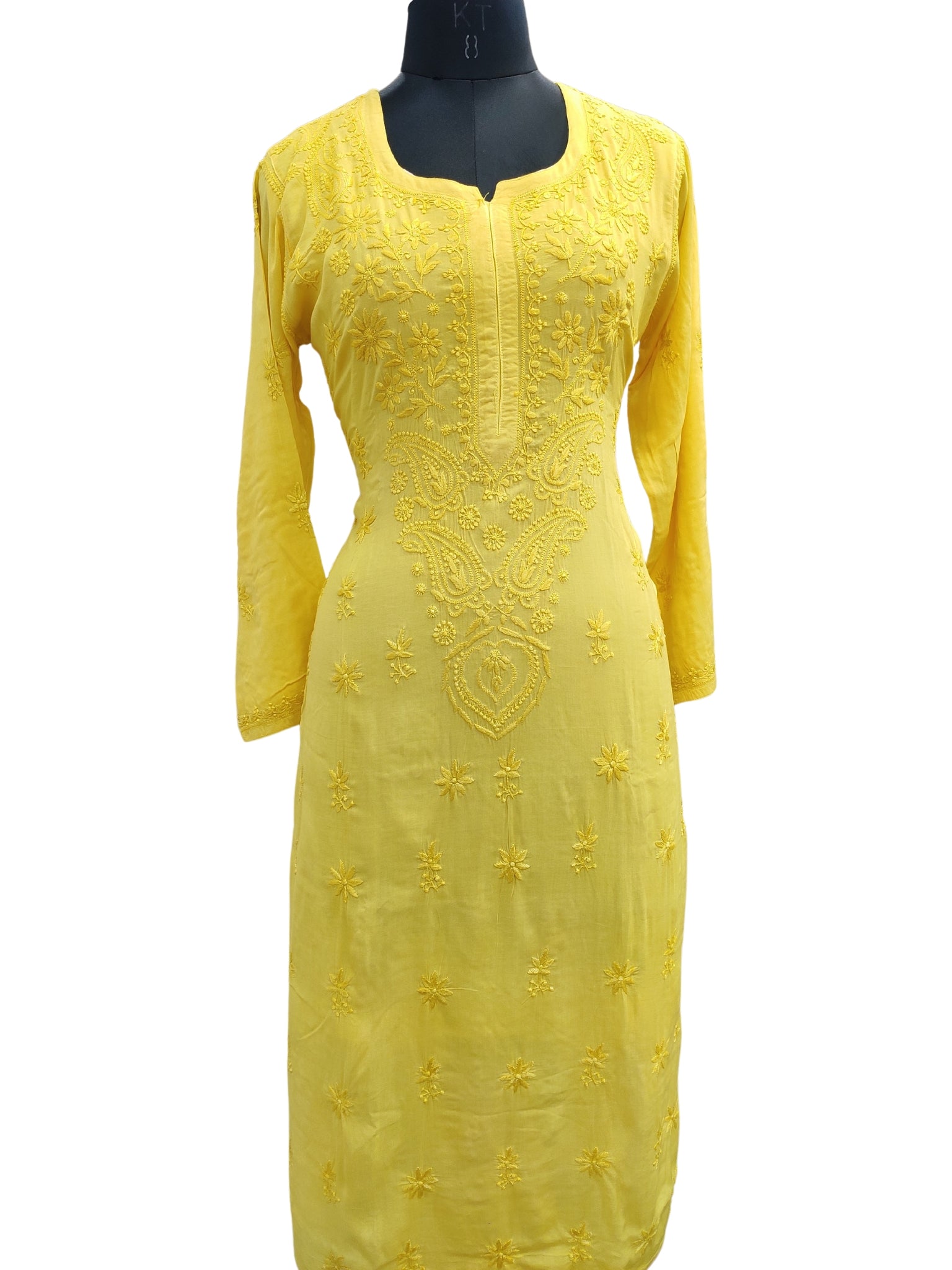 Shyamal Chikan Hand Embroidered Yellow Modal Cotton Lucknowi Chikankari Kurti - S24689