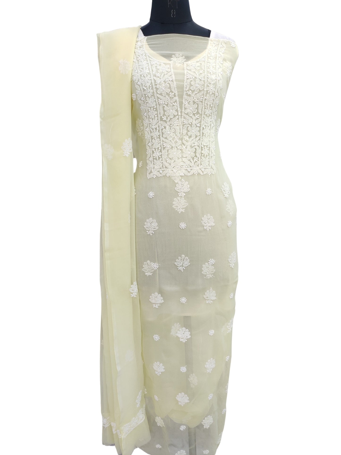 Shyamal Chikan Hand Embroidered Lemon Georgette Lucknowi Chikankari Unstitched Suit Piece - 24018