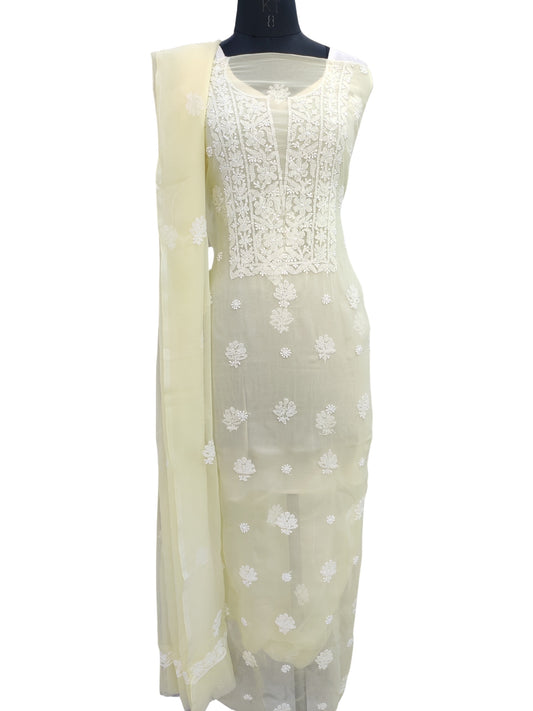 Shyamal Chikan Hand Embroidered Lemon Georgette Lucknowi Chikankari Unstitched Suit Piece - 24018