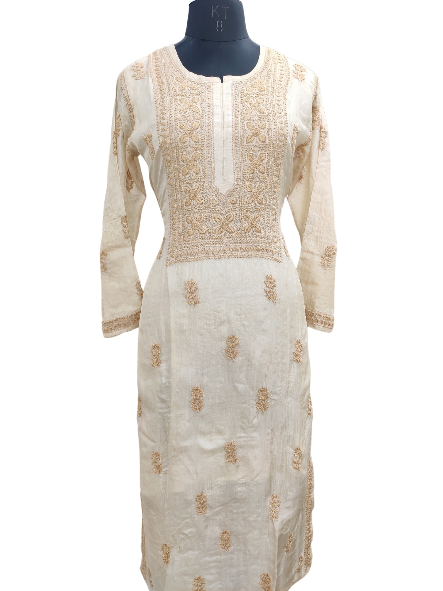 Shyamal Chikan Hand Embroidered Beige Pure Tusser Silk Lucknowi Chikankari Kurti- S24402