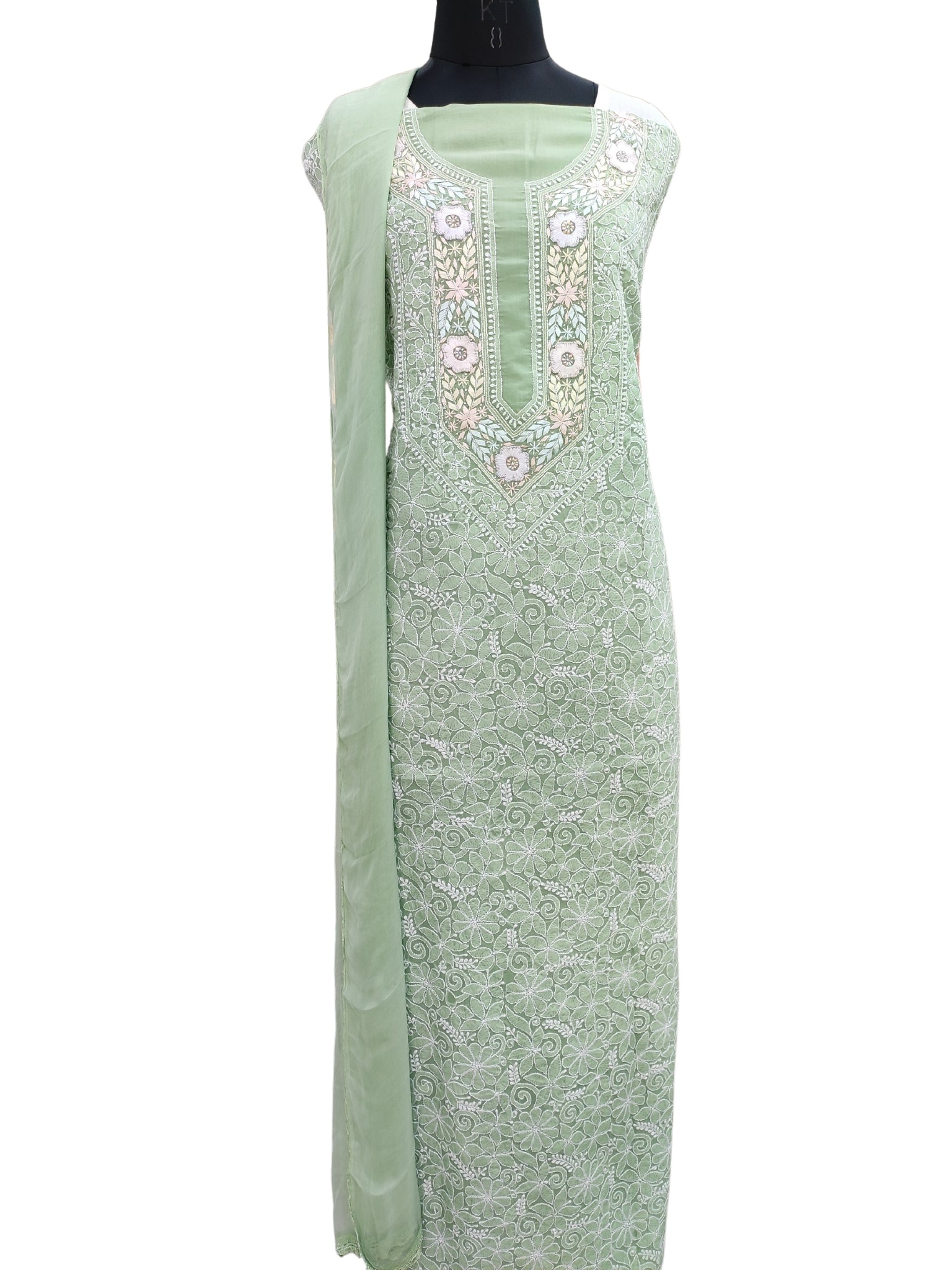 Shyamal Chikan Hand Embroidered Green Cotton Lucknowi Chikankari Unstitched Suit Piece With Parsi Work - S24587