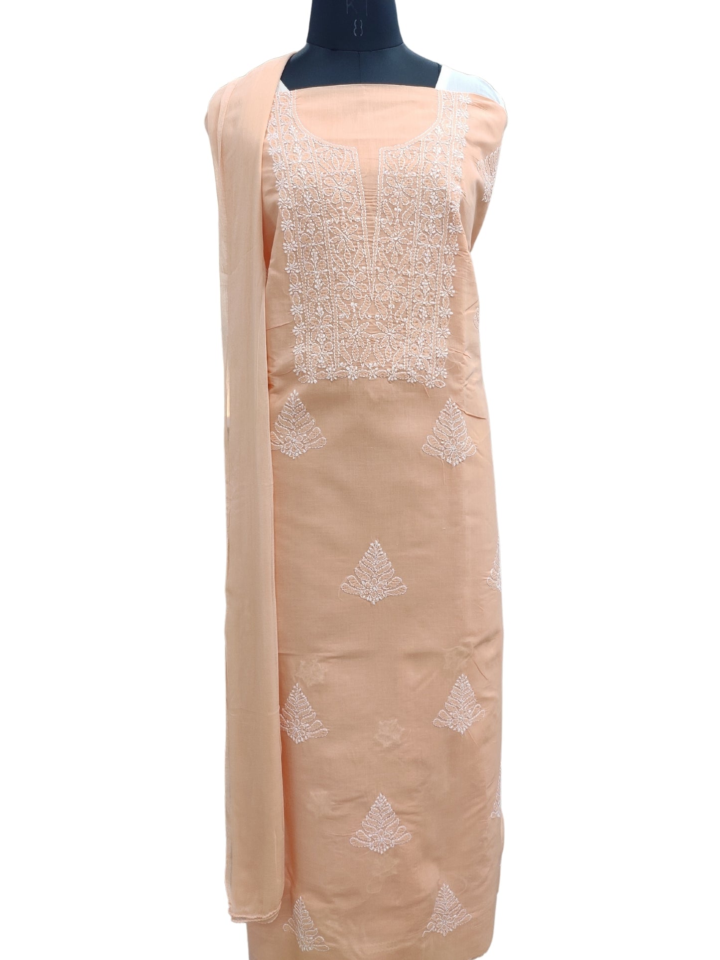 Shyamal Chikan Hand Embroidered Peach Cotton Lucknowi Chikankari Unstitched Suit Piece - S24756