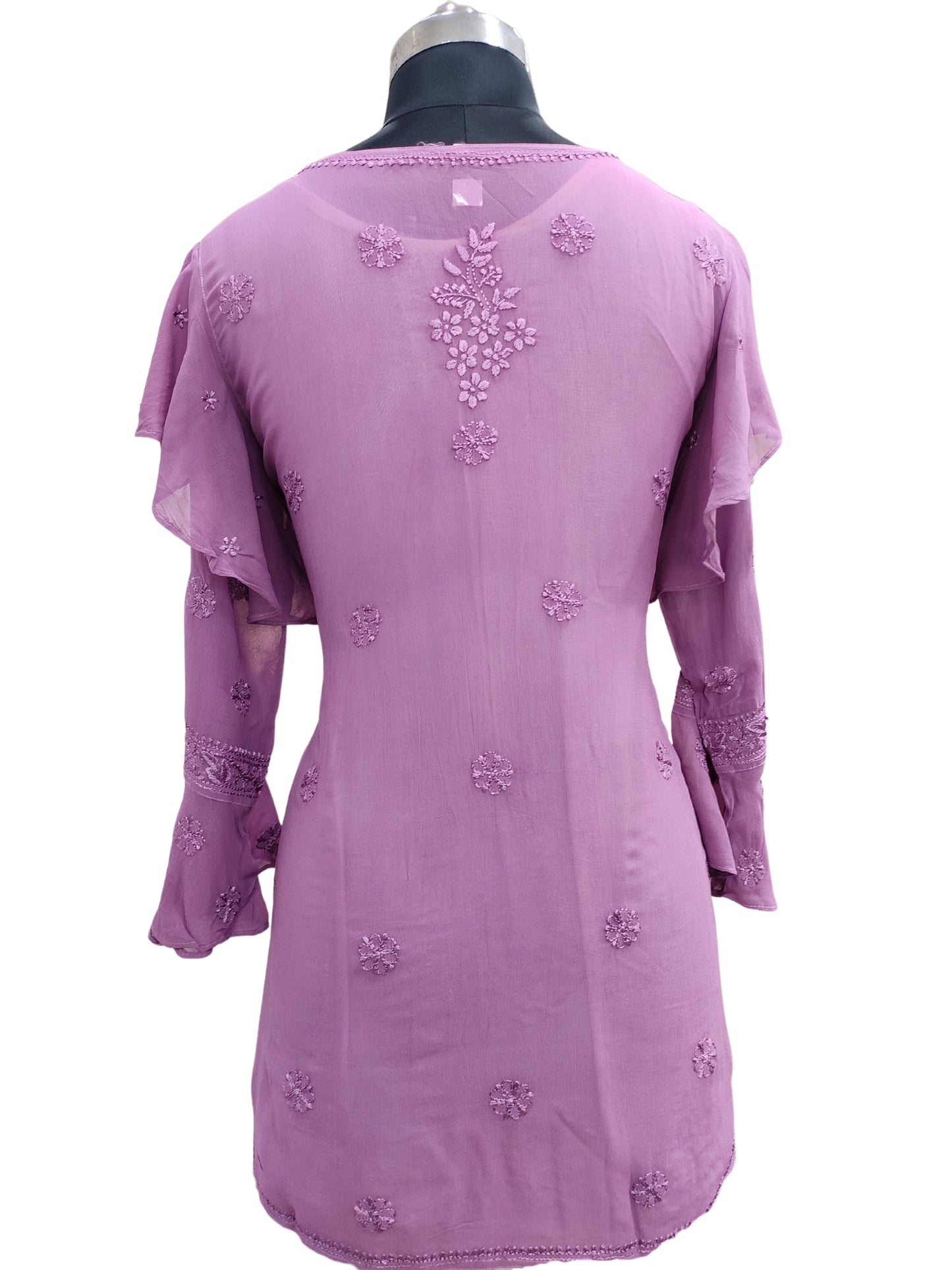 Shyamal Chikan Hand Embroidered Purple Viscose Georgette Lucknowi Chikankari Short Top S23270